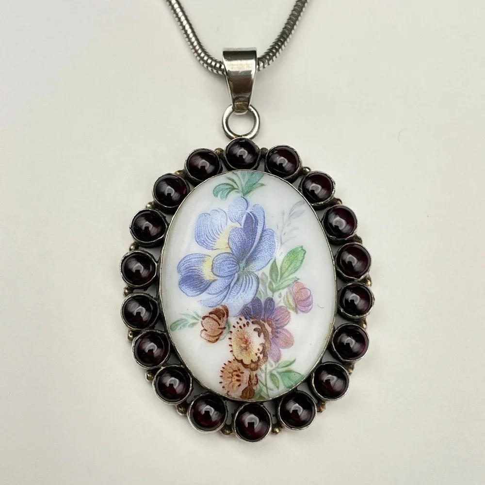 Larger Sterling Silver Floral‎ Painted Ceramic Garnet Pendant Necklace